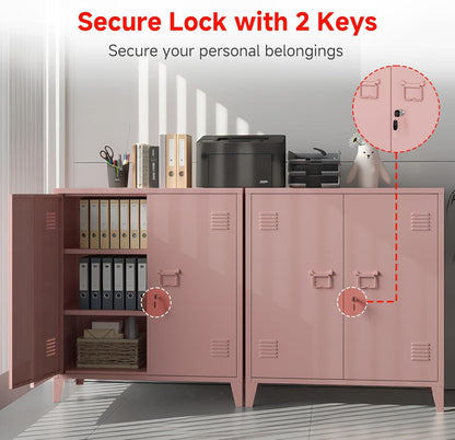 Locking Storage Cabinet Garage Metal Storage Cabinet with 2 Adjustable Shelves and Doors, Storage Cabinet with Lock & Keys for Home School Office (Pink)