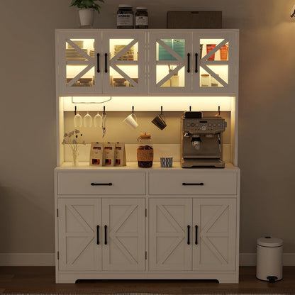 MUUEGM 71''Tall Kitchen Hutch with LED Lights & Power Outlet, Wood Food Kitchen Pantry Cabinet with Adjustable Shelves & 4 Cabinets & Microwave Stand & 2 Drawers for Dining Room,Living Room, White