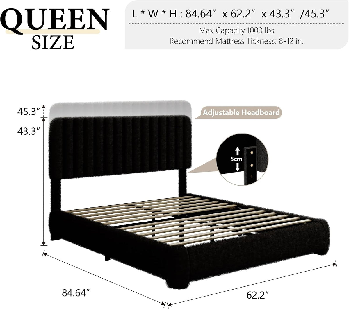 Queen Size Boucle Bed Frame, Upholstered Cloud Platform Bed Frame with Adjustable Headboard, Vertical Tufted, Soft Rounded Corners, No Box Spring Needed, Noise Free Design, Easy Assembly, Black