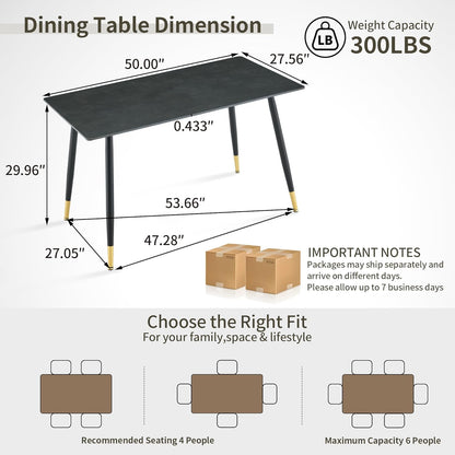 50 inch Sintered Stone Dining Table for 4, Modern Minimalist Kitchen Table with 0.43" Matte Black Sintered Stone Top & Tapered Metal Legs, Small Space Rectangular Table for Home, Kitchen, Apartment
