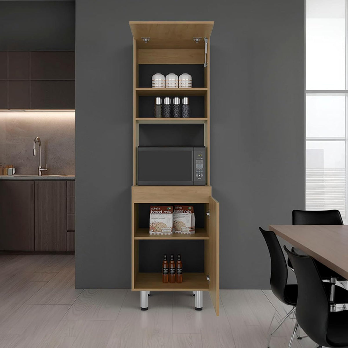 DEPOT E-SHOP 22" Fingal Kitchen Pantry with Microwave Space, Four Shelves and Closed Storage, Natural Oak - Kitchen – Tall Kitchen Storage & Pantry Organization