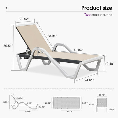 PURPLE LEAF Outdoor Chaise Lounge Set of 2 w/Armrest for Poolside, Khaki | Recline in 5 Positions, Lounge Freely with 400 lbs Support, Enjoy All-Day Cooling & Quick-Dry Comfort