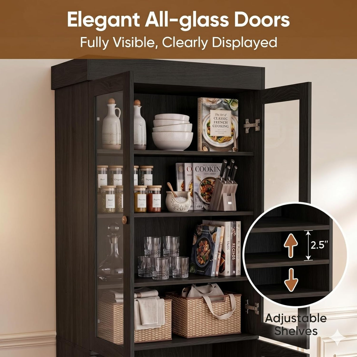 ivaniti 71" Tall Farmhouse Kitchen Pantry, Large Storage Cabinet with Glass Doors, Adjustable Shelves, 3 Drawer, Wood Versatile Hutch Cabinet for Dining Room, Living Room, Black 3 Pcs