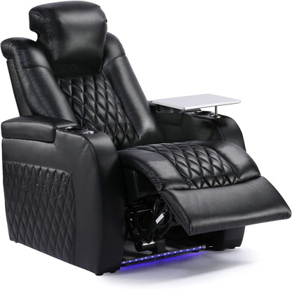 Weilianda Home Theater Seating, Top Grain Leather Movie Theater Chair | Black Row of 1, Zero Gravity, Power Headrest, Tray Table, Electric Reclining Seat for Media Room