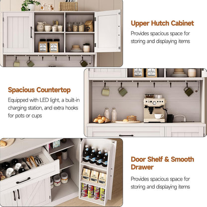 ONBRILL 71" Kitchen Pantry Storage Cabinet with LED Light/Outlet, Off-White | Pantry Cabinet, Kitchen Hutch with Microwave Shelf & 6 Hooks, Door Shelves & Drawer & Adjustable Shelves, for Dining Room