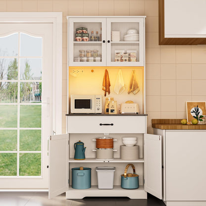 Gizoon 71" H Pantry Cabinet with LED Lights, Tall Farmhouse Kitchen Storage Cabinet with Charging Station, Modern Coffee Bar with Doors and Drawers, for Dining Room, Tabletop-Grey