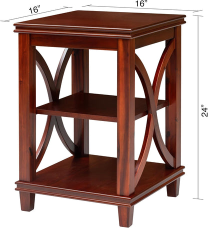 eHemco Solid Wood Square End Table with Storage Shelves, 3-Tier Accent Side Table with X-Design Panels, Compact Nightstand or Sofa Table for Living Room and Bedroom, Cherry Finish, 16 x 16 x 24 Inch