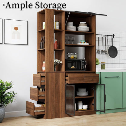 JOYSOURCE Tall Kitchen Hutch Cabinet with Side-Access Shelves & Drawer Freestanding Pantry Cabinet Large with Glass Door Cupboard for Kitchen, Dining Room with Microwave Countertop Walnut Finish