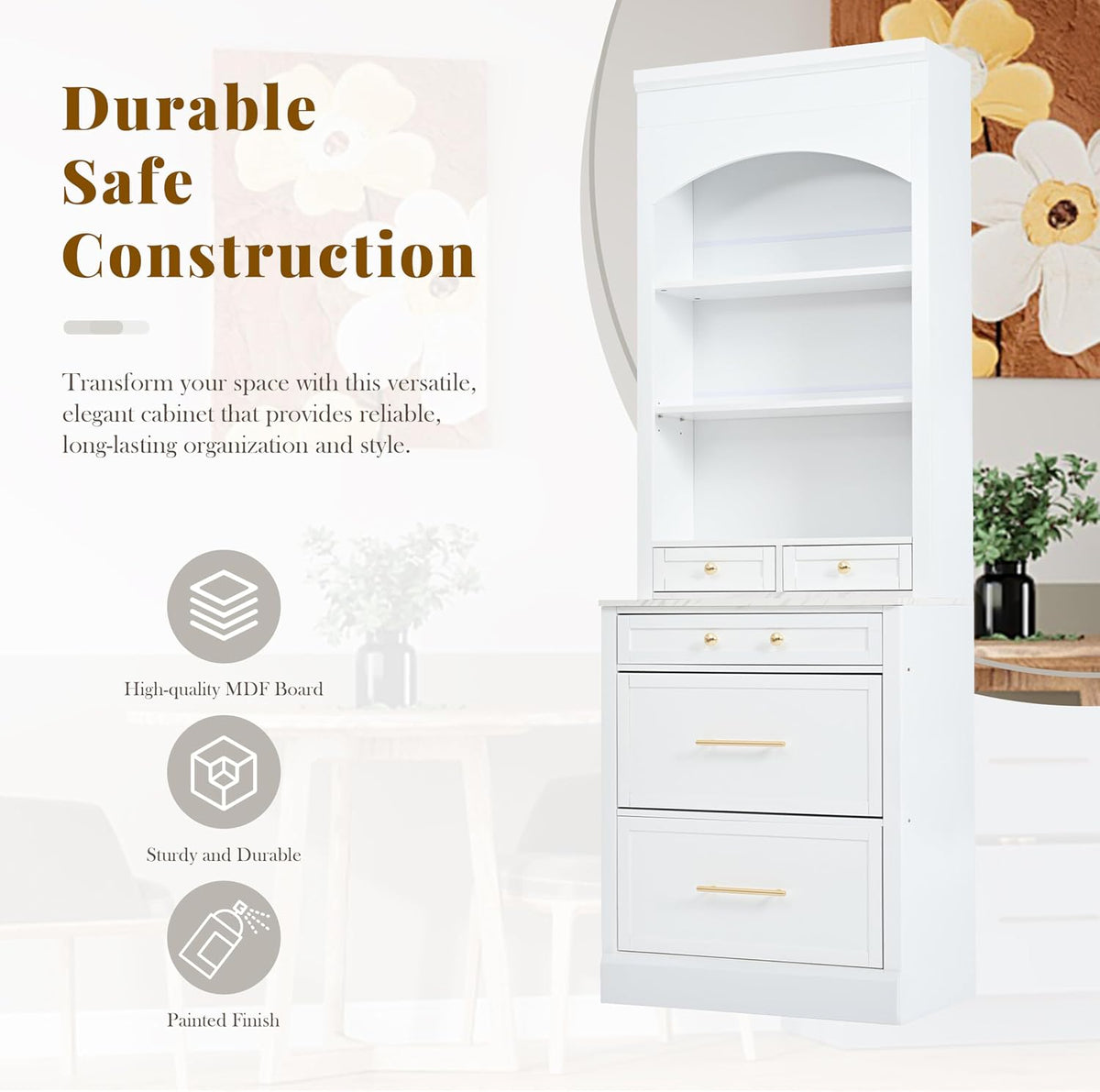 83.7" Tall Kitchen Pantry Cabinet, Freestanding Kitchen Hutch with Faux Marble Top, Pantry Storage Cabinet with 5 Drawers & Adjustable Shelf, Modern Farmhouse Cupboard for Dining Room, White