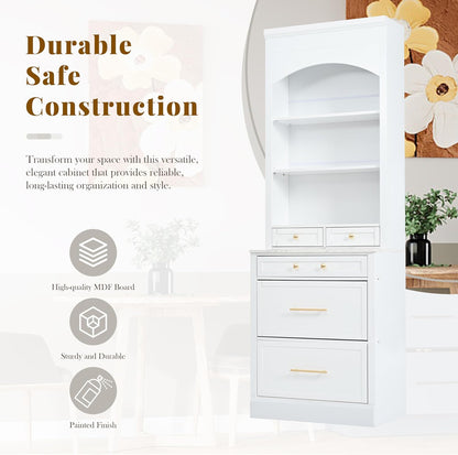 84'' Tall Kitchen Pantry, Storage Cabinet with 5 Storage Drawers and Adjustable Shelf, Anti-Tip Safety, Faux Marble Top Display Cupboard for Kitchen, Dining Room, Living Room, White