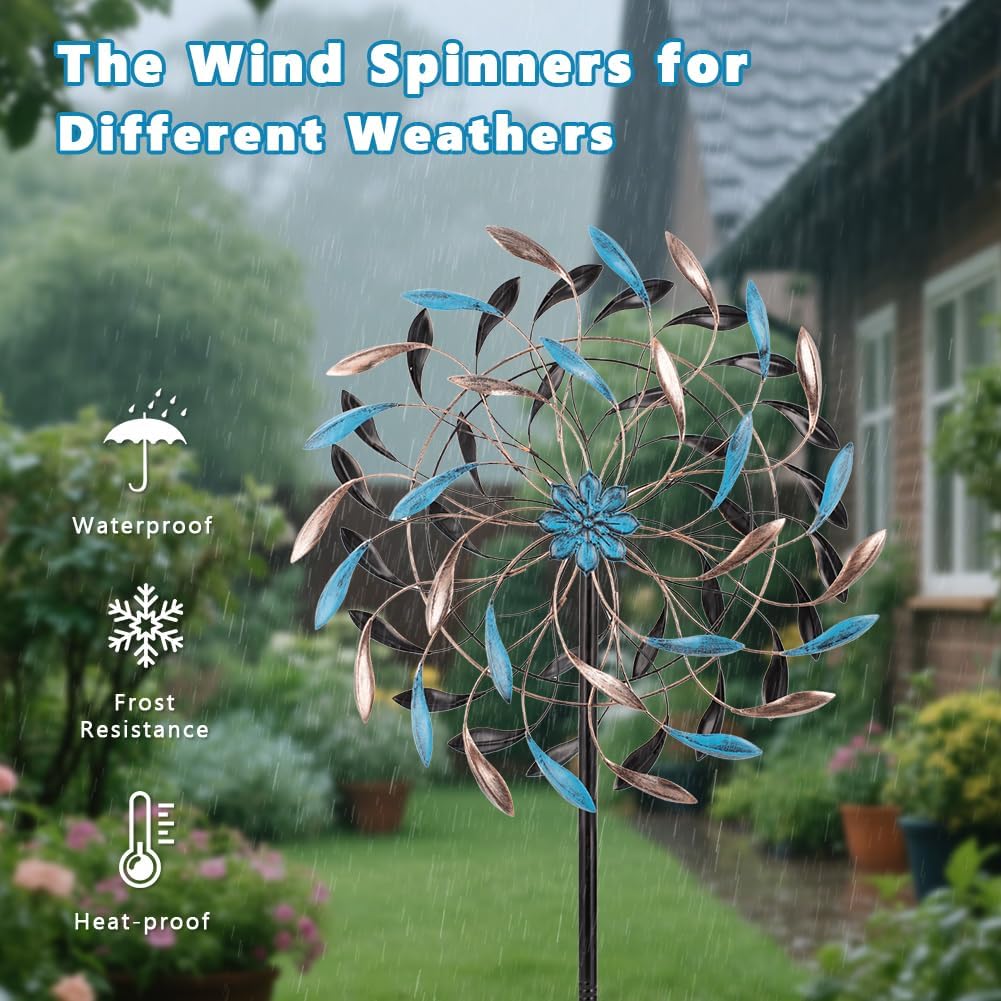 DREAMYSOUL Wind Spinner Outdoor, 23" Dia Metal Windmills with Blue and Copper Leaves, Kinetic Wind Spinners & Sculpture for Yard and Garden