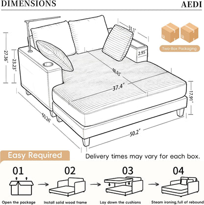 AEDI Oversized Chaise Lounge Chair with Reading Light & USB Charging,Sleeper Sofa with Cup Holder, Solid Wood Frame,for Living Room,Bedroom(Corduroy Beige)