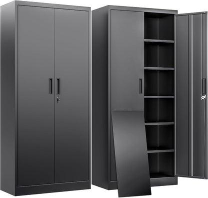 BESFUR Metal Storage Cabinet with 2 Doors and 5 Adjustable Shelves Garage Storage Cabinet with Lock 71" Office Storage Cabinets Locking Cabinets for Garage Office Shop Home (Black)
