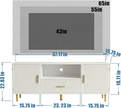 DIYART Modern Fluted TV Stand for 55/60/65 Inch TV, 57" Entertainment Center Media Console Table with Drawer & Storage Cabinets, Ribbed Design TV Cabinet Credenza for Living Room, White