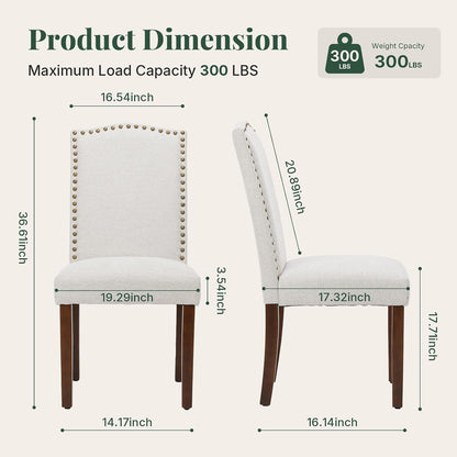 Upholstered Dining Chair Set of 6, Farmhouse Fabric Kitchen Chair | Modern, Padded Seat, Solid Wood Legs, High Back, Nailhead Trim, Living Room, Restaurant, Hotel, Beige