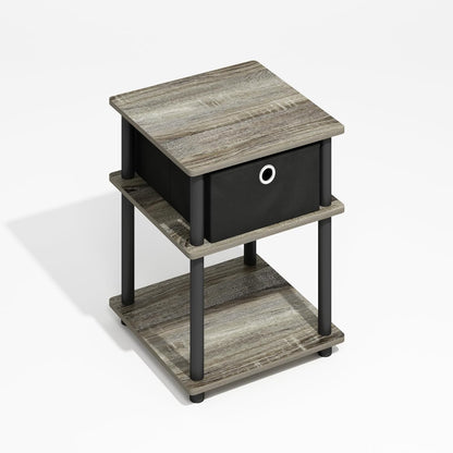 Furinno Turn-N-Tube Side Table, 3-Tier Square Modern End Table with Storage Bin, Open Shelf Night Stand, Bedside Table, Easy Assembly, Grey Oak