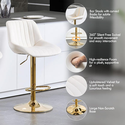 Barstools Set of 3, Golden-Cream, Adjustable Swivel Bar Stools | With Back, Armless Upholstered, Gold Bar Stool with Velvet Seat, For Kitchen Island/Cafe/Dining