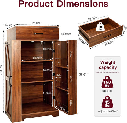 CypherX 47" Farmhouse Brown Kitchen Pantry Storage Cabinet for Dining Room | Rustic sideboard buffet cupboard; doors with shelves & smooth drawer; 47" tall pantry; 5-level adjustable storage shelves