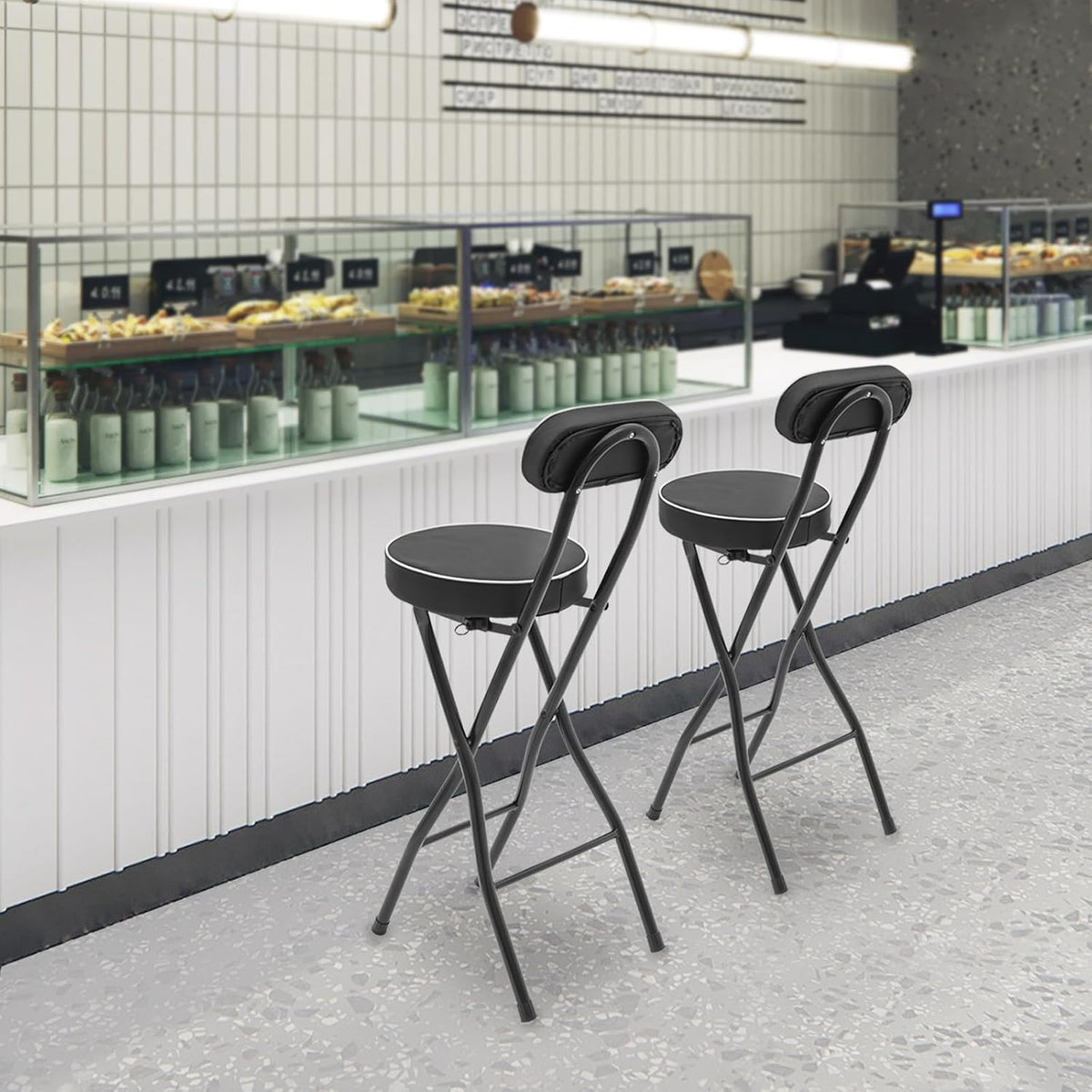 2Pcs-Folding Bar Stool with Back, Black Tall Foldable Chair Counter Height Collapsible Stool PU Leather Padded for Kitchen Island, Restaurant, Bar, Cafe Shop, Outdoor Camping