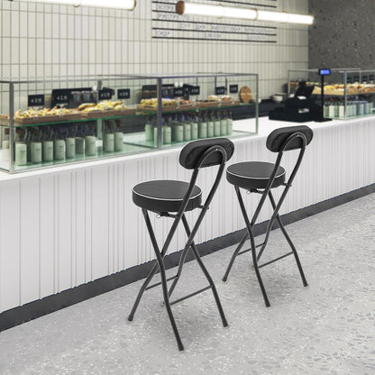 2Pcs-Folding Bar Stool with Back, Black Tall Foldable Chair Counter Height Collapsible Stool PU Leather Padded for Kitchen Island, Restaurant, Bar, Cafe Shop, Outdoor Camping