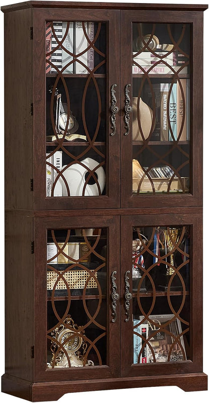 Joaxswe 67" Tall Pantry Cabinet, Wood Kitchen Pantries Cabinets with Glass Doors & Adjustable Shelves, Freestanding Vintage Cupboard with Large Storage for Dining Room, Bathroom, Walnut