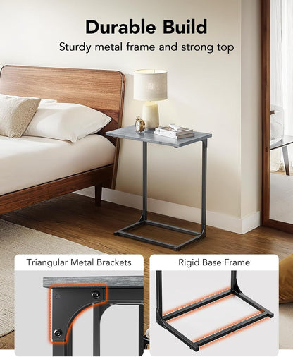 Pipishell C-Shaped Side Table, C Table for Sofa with Two-Piece Desktop & Metal Frame, Large Surface End Table for Living Room, Bedroom, Bedside, Rustic Design, Grey