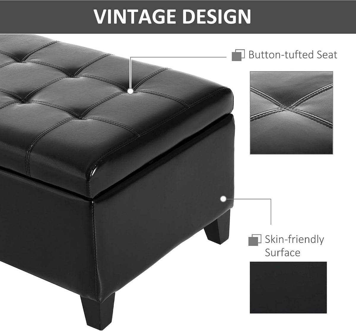 51inches Rectangular Tufted Faux Leather Storage Ottoman Black Modern Premium Comfortable Luxury Stylish Elegant Contemporary