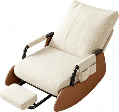 Portable Folding Rocking Lounge Chair with Detachable Footrest | Breathable Corduroy Single Relax Chair with Side Pocket for Home Rest