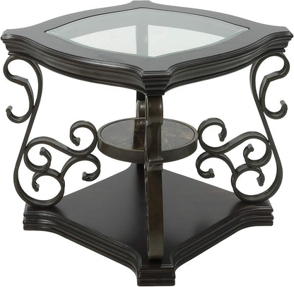 End Table with Glass Table Top, Cocktail Table with MDF and Marble Paper Middle Shelf, Sofa Table with Metal Legs for Living Room (Brown, 26.3" L*26.3" W*24" H)