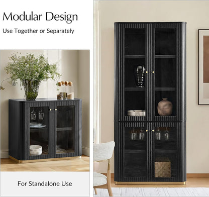 HULALA HOME Modular Display Storage Cabinet, 79.5" Tall Fluted Bookcase with Glass Doors, Modern Pantry Cabinet for Dining Room Home Office Living Room, Black