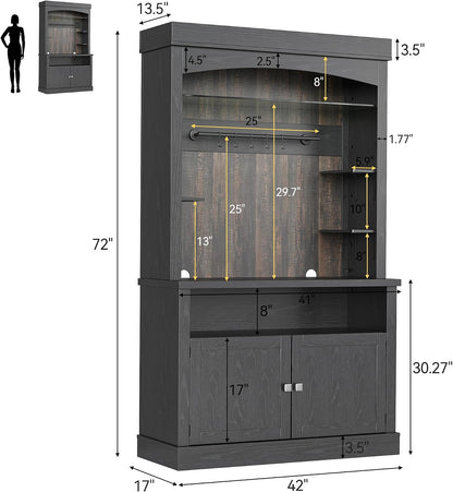 Takywep Tall Coffee Hutch with LED Lights Tall CoffeeBar Cabinet Farmhouse Buffet Cabinet with Storage Kitchen Sideboard with Microwave Stand/Wine Rack/Glass Shelf