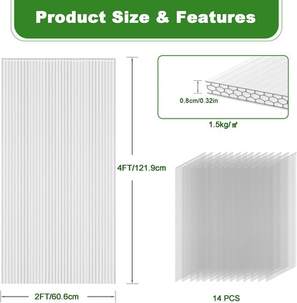14PCS 4' X 2' X 0.32'' Polycarbonate Greenhouse Panels, Waterproof UV Protected Clear Polycarbonate Sheets Three-Layer Honeycomb Roof Panels, Corrugated Plastic Roofing Panels for Greenhouse