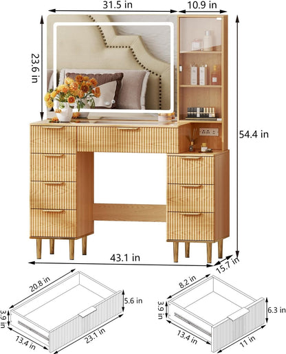 Chrangmay Modern Vanity Desk with 31.5" Mirror and Lights,Makeup Vanity Table with 8 Drawers,Makeup Desk with Power Outlet,Nightstand,Dressing Table for Bedroom,Women and Girls,Oak