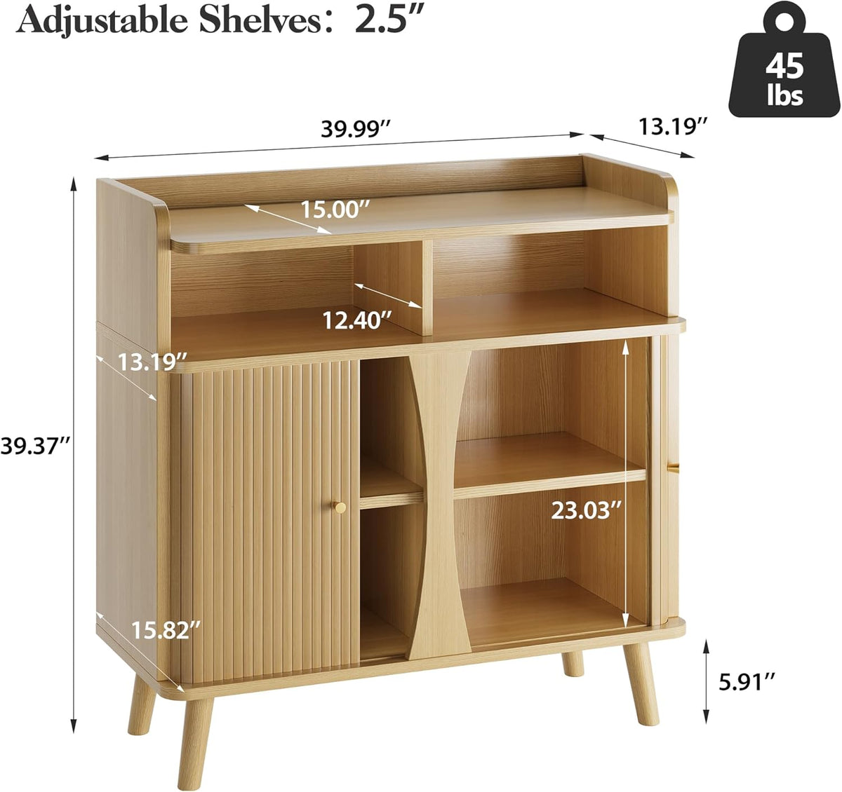 Decofy 39" Buffet Sideboard Cabinet, Mid Century Modern Console Cabinet with Roller Shutter Sliding Doors & Adjustable Shelves for Kitchen Cabinets, Living Room, Entryway, Coffee Bar Cabinet (Oak)