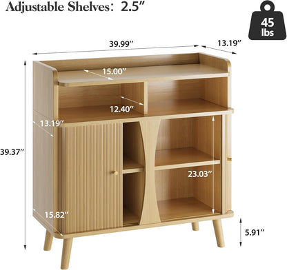 Decofy 39" Buffet Sideboard Cabinet, Mid Century Modern Console Cabinet with Roller Shutter Sliding Doors & Adjustable Shelves for Kitchen Cabinets, Living Room, Entryway, Coffee Bar Cabinet (Oak)