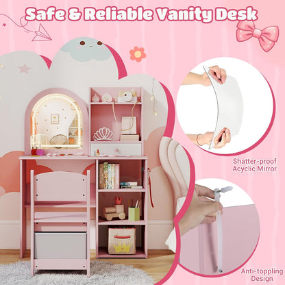 Costzon Kids Vanity with Lights, Girls Vanity Set with Mirror, Storage Drawer, Hooks & Shelves, Toddler Makeup Vanity Desk Dressing Table, Wooden Kids Vanity Table and Chair Set (Pink)