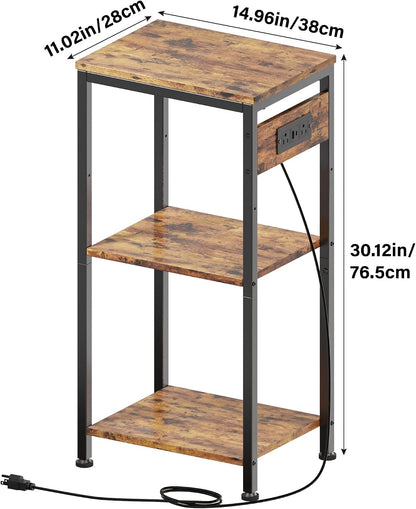 Side Table with Charging Station, Nightstand with USB Ports and Outlets, Tall Side Table with 3 Storage Shelves, Small Entry Table for Living Room, Bedroom, Sofa Couch, Hallway, Office, Rustic Brown