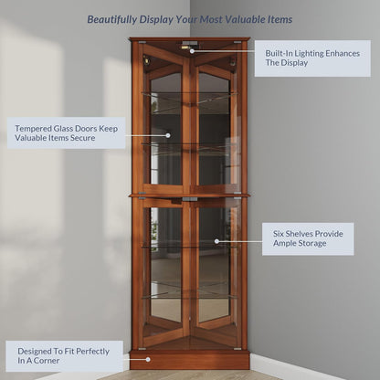BELLEZE Lighted Corner Display Curio Cabinet Wooden Shelving Unit with Tempered Glass Door, Bar and Liquor Storage Area with 6 Shelves - Woody (Oak)