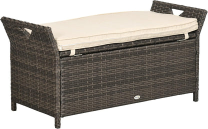 27 Gallon Patio Wicker Storage Bench, Outdoor PE Rattan Patio Furniture, 2 in 1 Large Capacity Rectangle Garden Storage Box with Handles and Cushion, Cream White