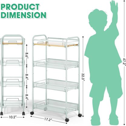 TOOLF 4-Tier Rolling Cart, Metal Utility Cart, Slide Out Storage Cart with Wooden Tabletop and Mesh Baskets for Narrow Space on Kitchen Bathroom Laundry Room Bedroom Apartments Dormitory (Green, Wide)