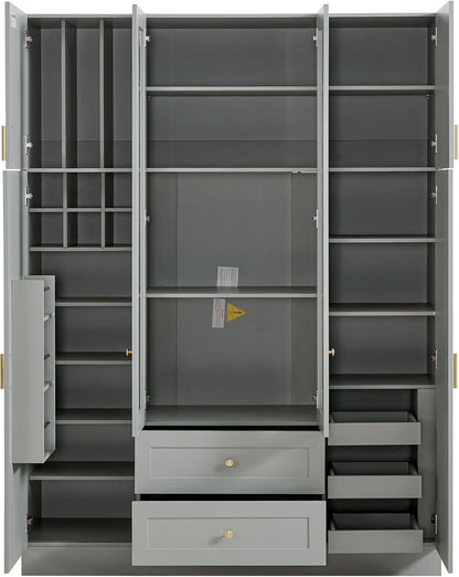71" H Large Kitchen Pantry with 6 Doors, 53.2" L x 17.7" W Wooden Cupboard with Drawers, Pull-Out Trays, Wine Rack and Adjustable Shelves for Dining Room, Gray-Green