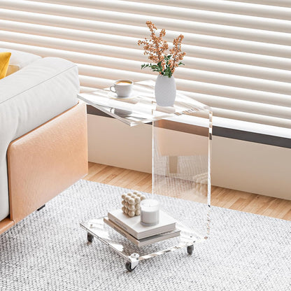 Mobile Clear Acrylic C Table with Wheels, 13.8" L x 13" W x 22" H x 0.6" Thick C Shaped End Coffee Table, Modern Acrylic Sofa Side Table for Living Room, Bedroom, Office, Bedside