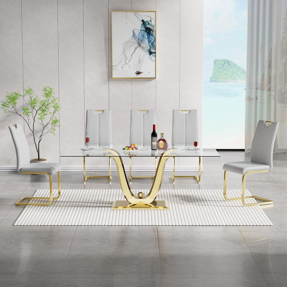 70" Glass Dining Table Set for 6, Modern Kitchen Table with 6 PU Leather Dining Chairs 7-Piece Dining Table and Chairs for 6 with Shiny Gold Metal Pedestal Base