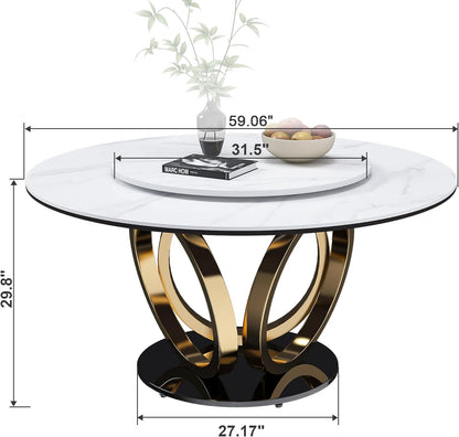 59" Round Dining Table with 360° Rotating Lazy Susan, Scratch & Heat Resistant Sintered Stone Tabletop, Marble Style Kitchen Dining Table, Perfect for Dining Room