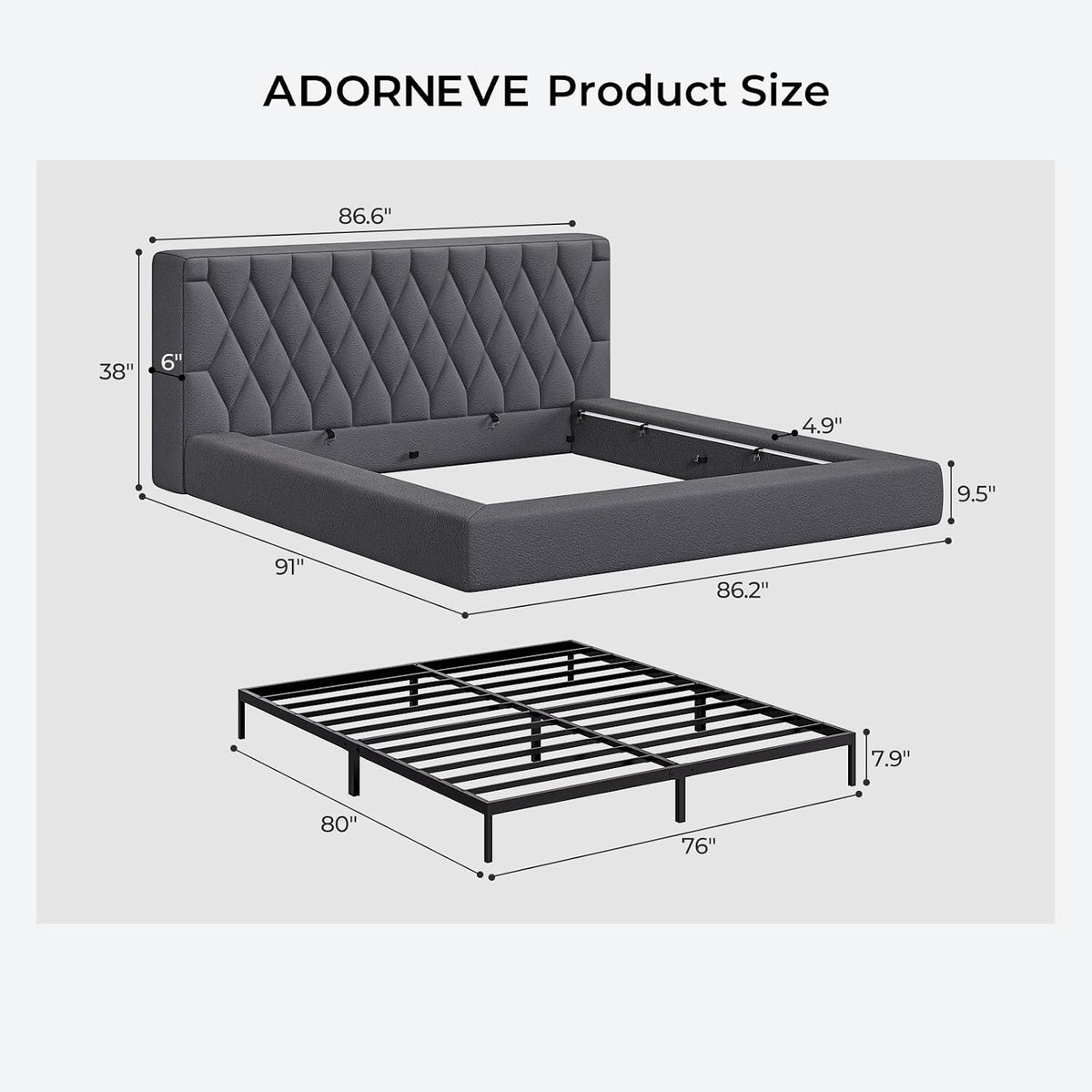 ADORNEVE Upholstered Cloud Bed Frame King with 5.9" Thick Headboard, Grey
