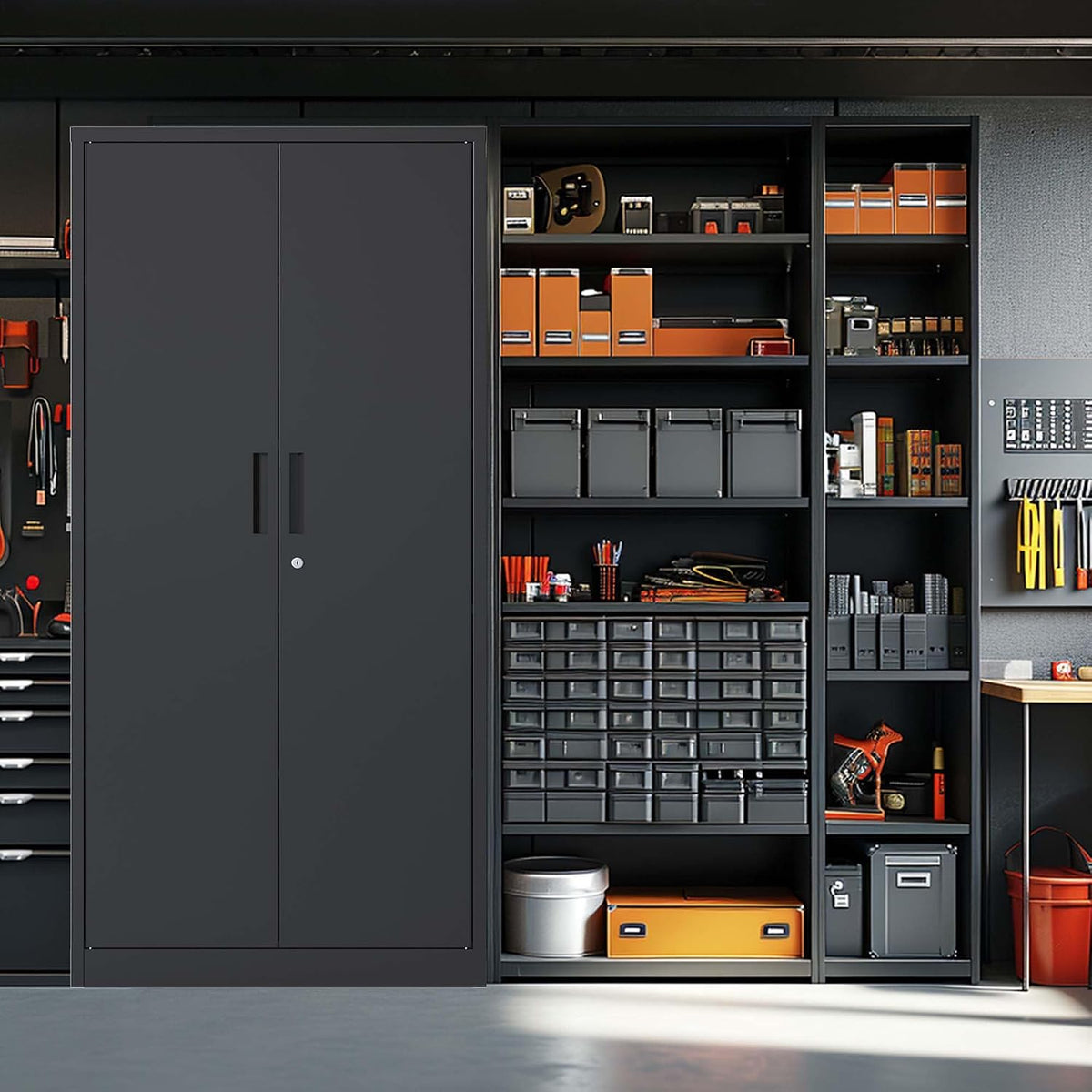 Lockable Cabinet Metal Storage Cabinet, 69" Locking Metal Storage Cabinet with 3 Adjustable Shelves,Black Metal Cabinet with 2 Doors and Lock for Office, Garage, Home (Black, 69")