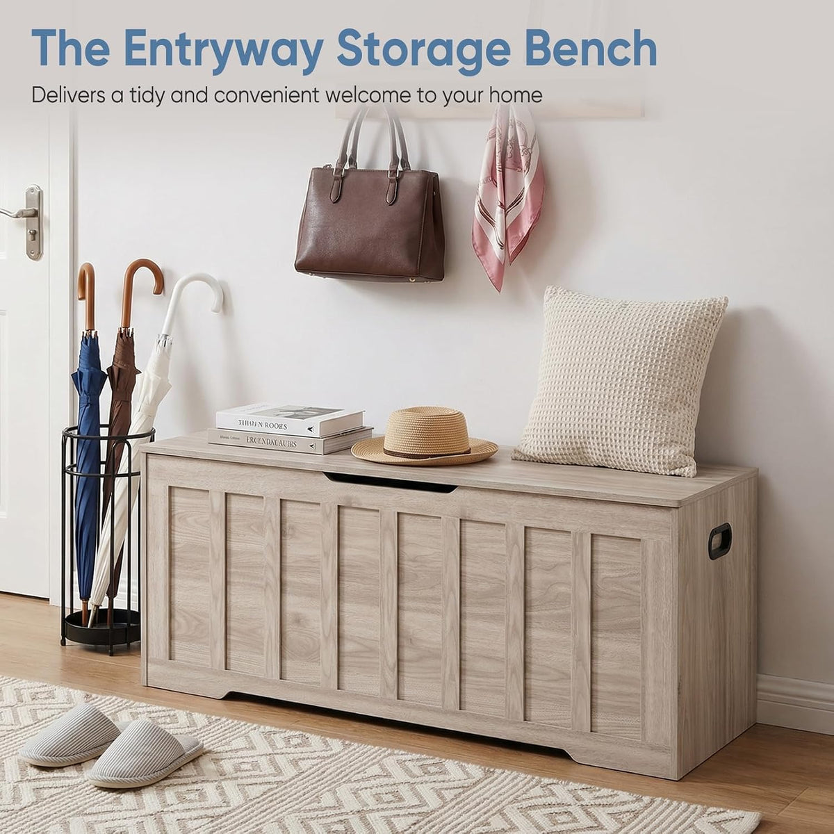 DUMOS 47.2" Wooden Storage Chest Bench with Storage for Bedroom | Extra Large with Ample Space and Safety Hinges, Fits Entryway or Living Room, Farmhouse Style with Easy Assembly Gray