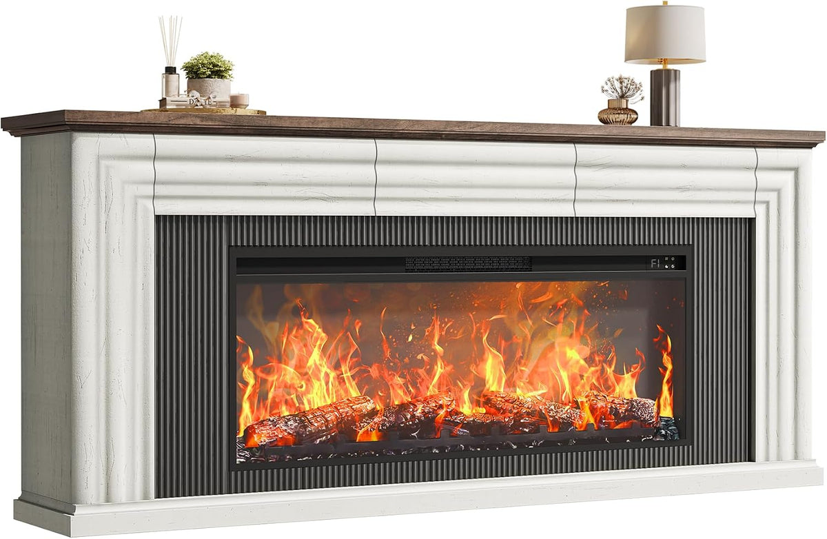 PRAISUN 70'' Fireplace TV Stand with 42'' Electric Fireplace, Farmhouse TV Stand for 65 75 Inch TV, Entertainment Center TV Console with 3 Drawers, Fluted Design, for Living Room, Distressed White