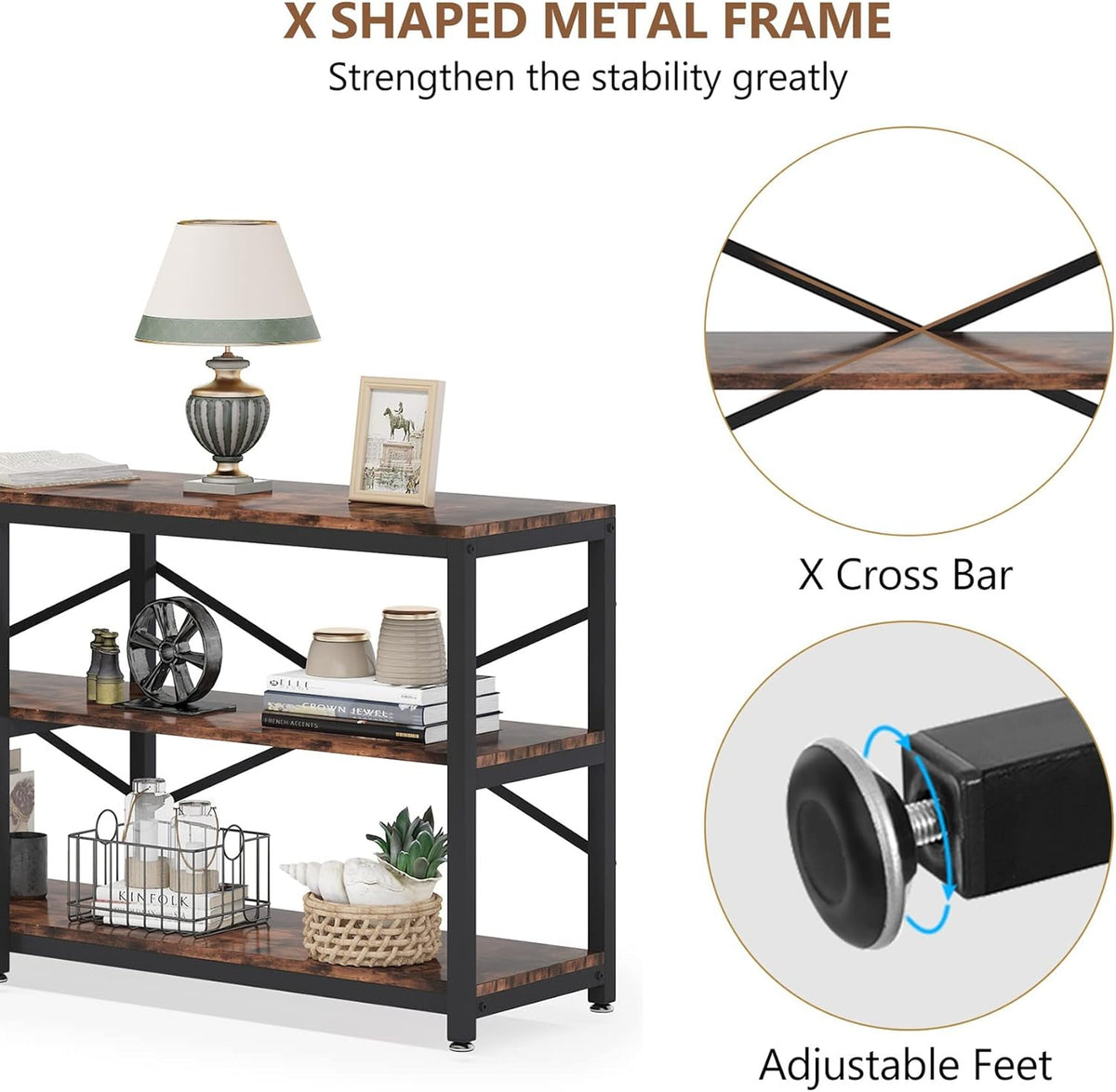 Tribesigns 70.9 Inch Extra Long Console Table, Modern Sofa Table Behind Couch Table with Storage Shelves, 3-Tier Industrial Hallway Entryway Table for Living Room, 3 Shelf Bookshelf(Brown)