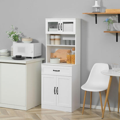 63.5in Premium Sleek 4-Door White Freestanding Kitchen Buffet Cabinet with Hutch Adjustable Shelves & Coffee Bar Modern Design